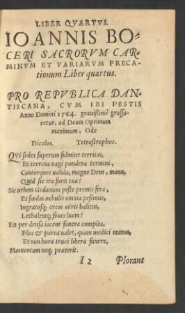 Ioannis Boceri Sacrorum Carminum Et Variarum Precationum Liber quartus.