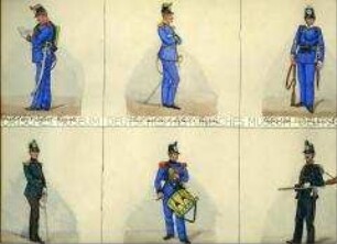 Uniformdarstellung, Feldwebel der I. Infanterie-Brigade, Leutnant der II. Infanterie-Brigade, Soldat der Leib-Infanterie-Brigade, Leutnant der Jäger-Brigade, Tambour der III. Infanterie-Brigade, Oberjäger, Sachsen, 1860.