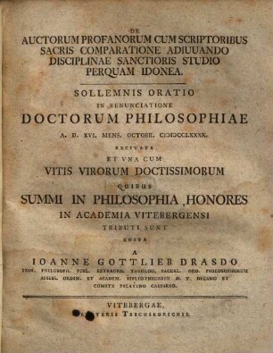 De autorum profanorum cum scriptoribis sacris comparatione adiuvando disciplinae Sanctioris studio perquam idonea oratio