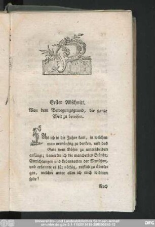 Erster Abschnitt. Von dem Bewegungsgrund, die ganze Welt zu bereisen.