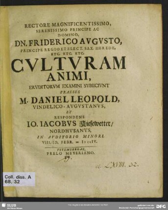 Rectore Magnificentissimo, Serenissimo Principe Ac Domino ... Culturam Animi