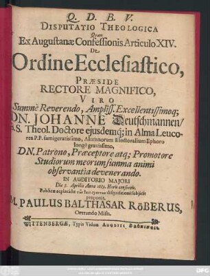 Disputatio Theologica Quam Ex Augustanae Confessionis Articulo XIV. De Ordine Ecclesiastico