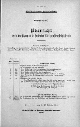Übersicht der in der Sitzung gefaßten Beschlüsse u.s.w. (207.), 09. September 1914