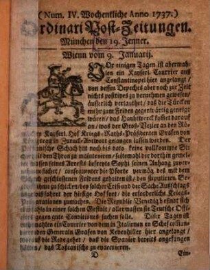 Mercurii Relation, oder wochentliche Ordinari Zeitungen von underschidlichen Orthen. 1737, 1 - 6