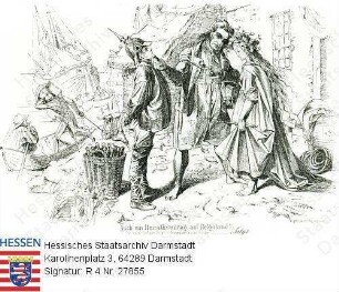 Frankfurt am Main, 1849 / Politische Karikatur auf die Kaiserwahl Friedrich Wilhelms IV. v. Preußen: Heinrich v. Gagern führt Friedrich Wilhelm IV. und Germania zusammen