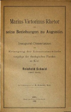 Marius Victorinus Rhetor und seine Beziehungen zu Augustin
