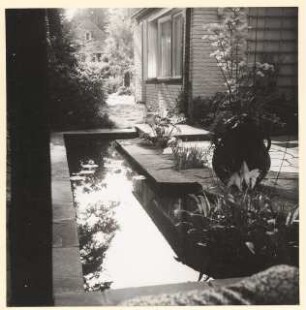 Garten Dr. Bolle, Berlin-Dahlem. Umbau: Wasserbecken mit Seerosen Wohnhaus, großer Pflanztrog