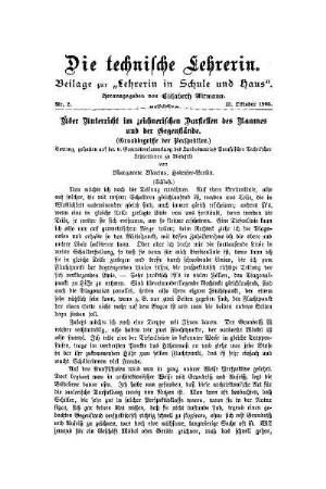 Über Unterricht im zeichnerischen Darstellen des Raumes und der Gegenstände : (Grundbegriffe der Perspektive) ; Vortrag, gehalten auf der 6. Generalversammlung des Landesvereins Preußischer Technischer Lehrerinnen zu Bielefeld ; (Schluß)
