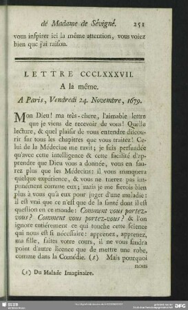 Lettre CCCLXXXVII. A la même. A Paris, Vendredi 24. Novembre, 1679