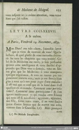 Lettre CCCLXXXVII. A la même. A Paris, Vendredi 24. Novembre, 1679
