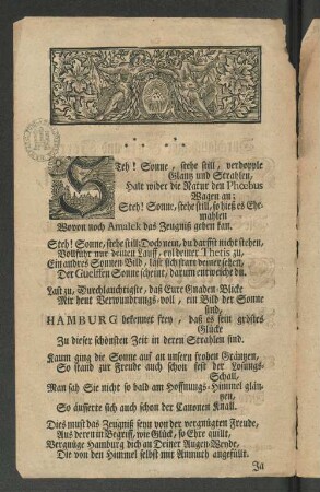 [Gedicht anläßlich des Besuchs von Herzog August Wilhelm und Herzogin Elisabeth Sophie Marie von Braunschweig-Lüneburg in Hamburg, Mai 1725.]
