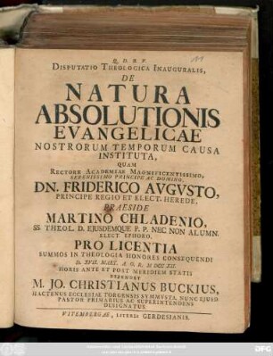 Disputatio Theologica Inauguralis, De Natura Absolutionis Evangelicae Nostrorum Temporum Causa Instituta