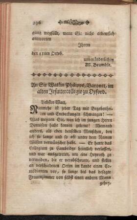 An Sir Watkin Philipps, Baronet, im alten Jesuitercollegio zu Oxford.