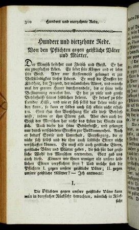 Hundert und vierzehnte Rede. Von den Pflichten gegen geistliche Väter und Mütter.