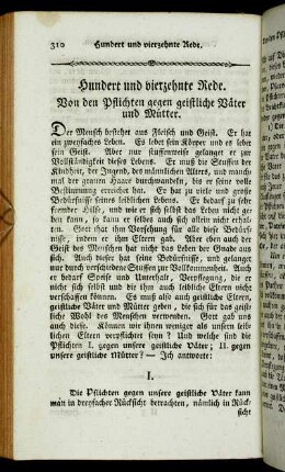 Hundert und vierzehnte Rede. Von den Pflichten gegen geistliche Väter und Mütter.