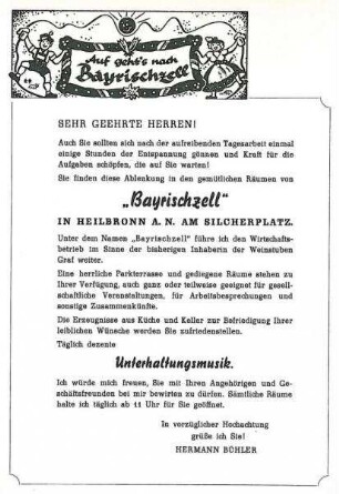Werbekarte für das Lokal "Bayerischzell" (früher Weinstube Graf) von Hermann Bühler