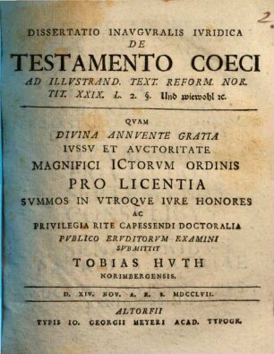 Dissertatio Inavgvralis Ivridica De Testamento Coeci : Ad Illvstrand. Text. Reform. Nor. Tit. XXIX. L. 2. §. Und wiewohl [et]c.