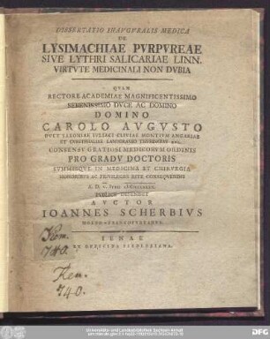 Dissertatio Inavgvralis Medica De Lysimachiae Pvrpvreae : Sive Lythri Salicariae Linn. Virtvte Medicinali Non Dvbia
