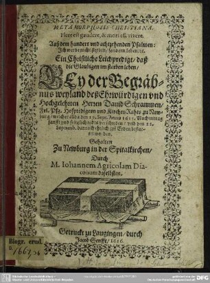 Metamorphosis christiana, Leichpredigt bei der Begräbnis des David Schrammen
