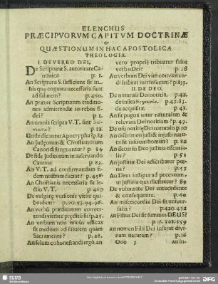 Elenchus Praecipuorum Capitum Doctrinae & Quaestionum In Hac Apostolica Theologia