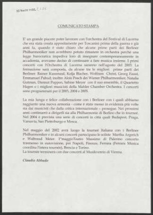 Pressemitteilung von C. Abbado über das Lucerne Festival Orchestra