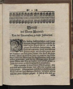 Bericht des Herrn Autoris, Von der Veranlassung zu dieser Instruction
