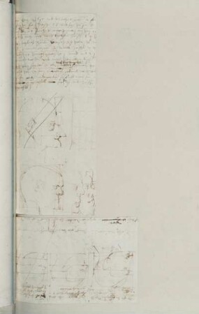 Zwei dazugeheftete Skizzenblätter mit männlichen Kopfstudien im Profil und Textblock : 172v : Zwei dazugeheftete Skizzenblätter (ca. 8,4 x 12,2 cm & ca. 19,8 x 8,5 cm) mit männlichen Kopfstudien im Profil und Textblock