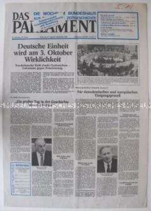 Wochenzeitung "Das Parlament" zur bevorstehenden Vereinigung der beiden deutschen Staaten