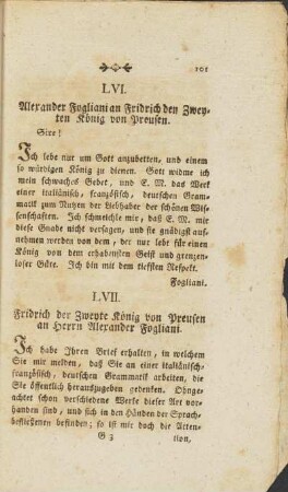 LVII. Brief. Fridrich der Zweyte König von Preusen an Herrn Alexander Fogliani