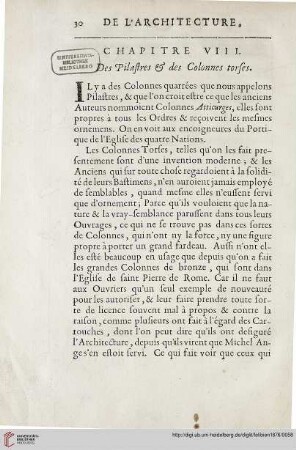 Chapitre VIII: Des pilastres & des colonnes torses