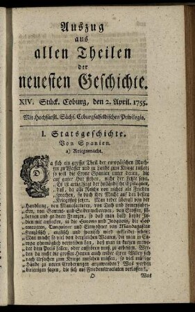 XIV. Stück. Coburg, den 2. April. 1755.