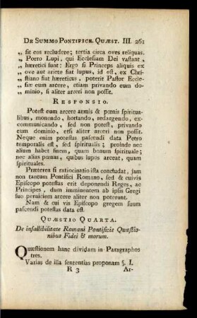 Quaestio Quarta. De infallibilitate Romani Pontificis Quaestionibus Fidei & morum