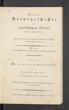 Kleine Naturgeschichte der vierfüßigen Thiere für Kinder ; Enthält 48 Bilder und Erklärungen derselben in deutscher und französischer Sprache