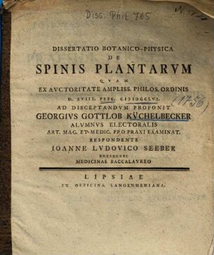 Dissertatio Botanico-Physica De Spinis Plantarvm [Plantarum]