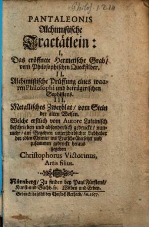 Pantaleonis Alchimistische Tractätlein