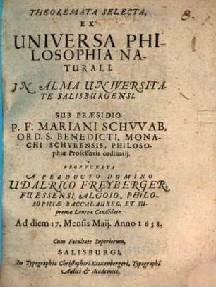 Theoremata Selecta, Ex Universa Philosophia Naturali