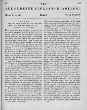 Jürgens, K. H.: Luther von seiner Geburt bis zum Ablaßstreite 1483-1517. Bd. 2-3. Leipzig: Brockhaus 1846 (Fortsetzung von Nr. 269)