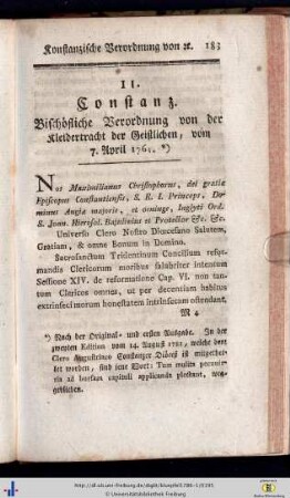 11. Bischöflich-Constanzische Verordnung von der Kleidertracht der Geistlichen, den 7. April 1781.