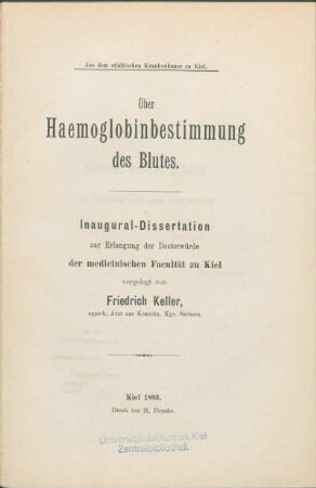 Über Haemoglobinbestimmung des Blutes