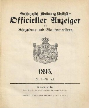 Großherzoglich Mecklenburg-Strelitzischer officieller Anzeiger für Gesetzgebung und Staatsverwaltung. 1895