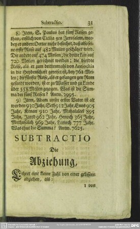 Subtractio Die Abziehung, Lehret eine kleine Zahl von einer grössern abziehen