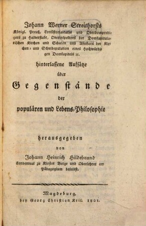 Hinterlassene Aufsätze über Gegenstände der populären und Lebens-Philosophie