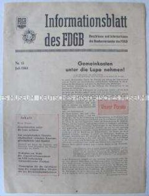 Informationsblatt des FDGB zu Fragen der Versorgung der Bevölkerung der Senkung der Selbstkosten in den Betrieben