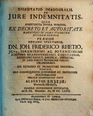 Disp. inaug. de iure indemnitatis