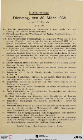 I. Auktionstag: Dienstag, den 30. März 1926 (Nr. 1-303)