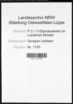 Sterberegister Standesamt Gorspen-Vahlsen