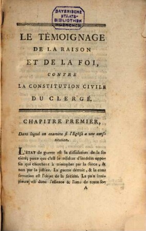 Le témoignage de la Raison ... contre la Constitution civile du Clergé