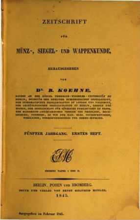 Koehne's Zeitschrift für Münz-, Siegel- und Wappenkunde, 5. 1845