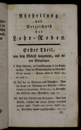 Abtheilung und Verzeichniß der Lehr-Reden.