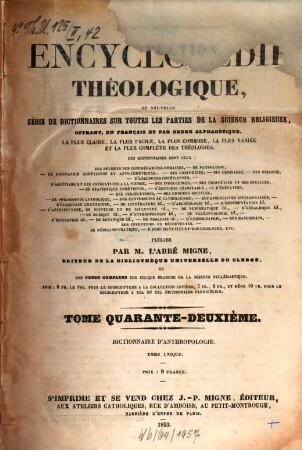 Nouvelle encyclopédie théologique : Ou nouvelle série de dictionnaires sur toutes les parties de la science religieuse, 42. Dictionnaire d'anthropologie